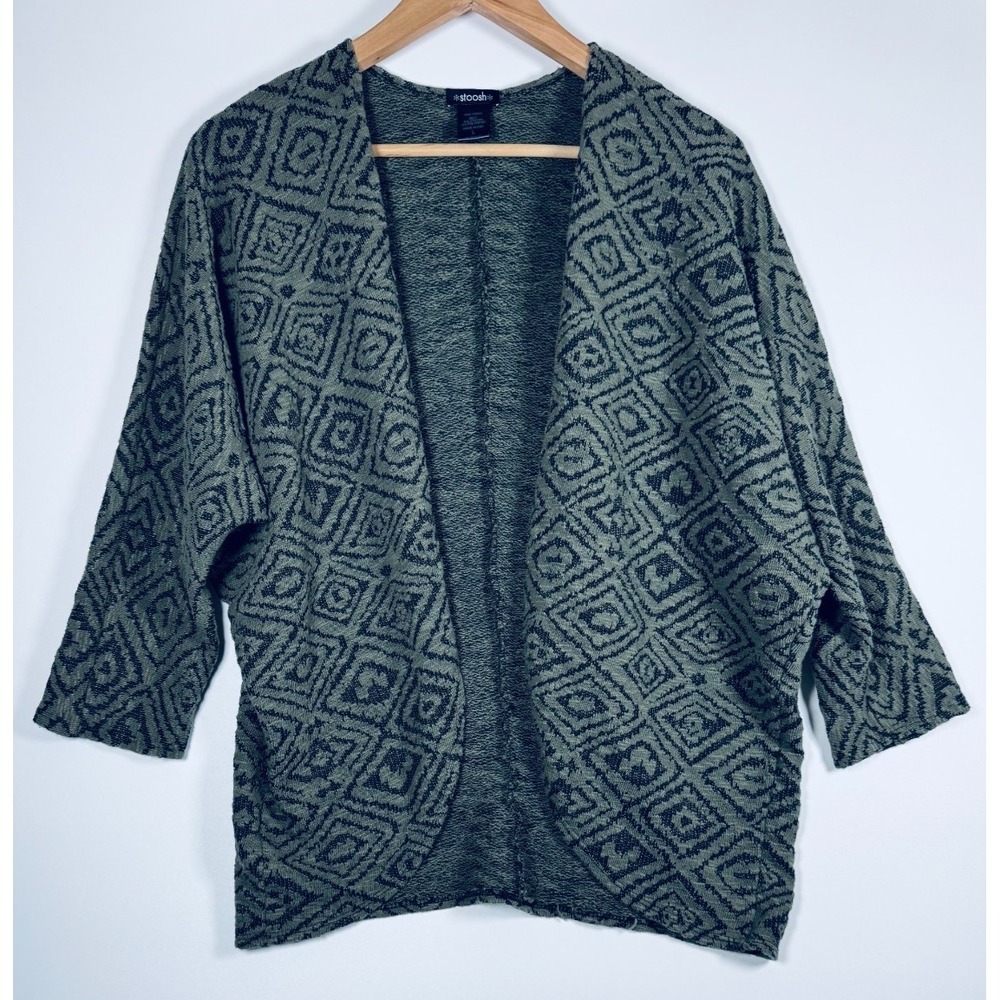 Stoosh Cardigan Womens Large Sage Green Black Textured Geometric Dolman USA Made